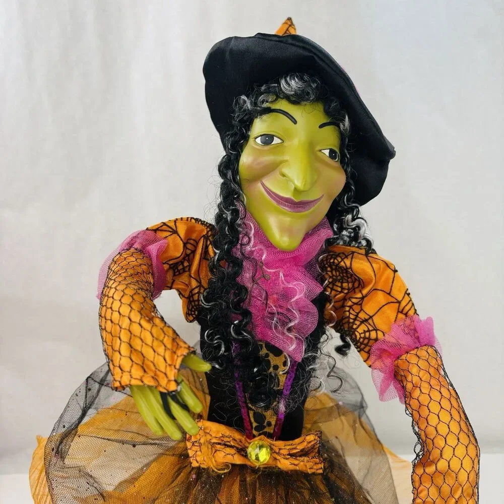 Vintage Halloween Witch Doll Shelf Sitter 30” Decor Orange Black Spooky Cute!